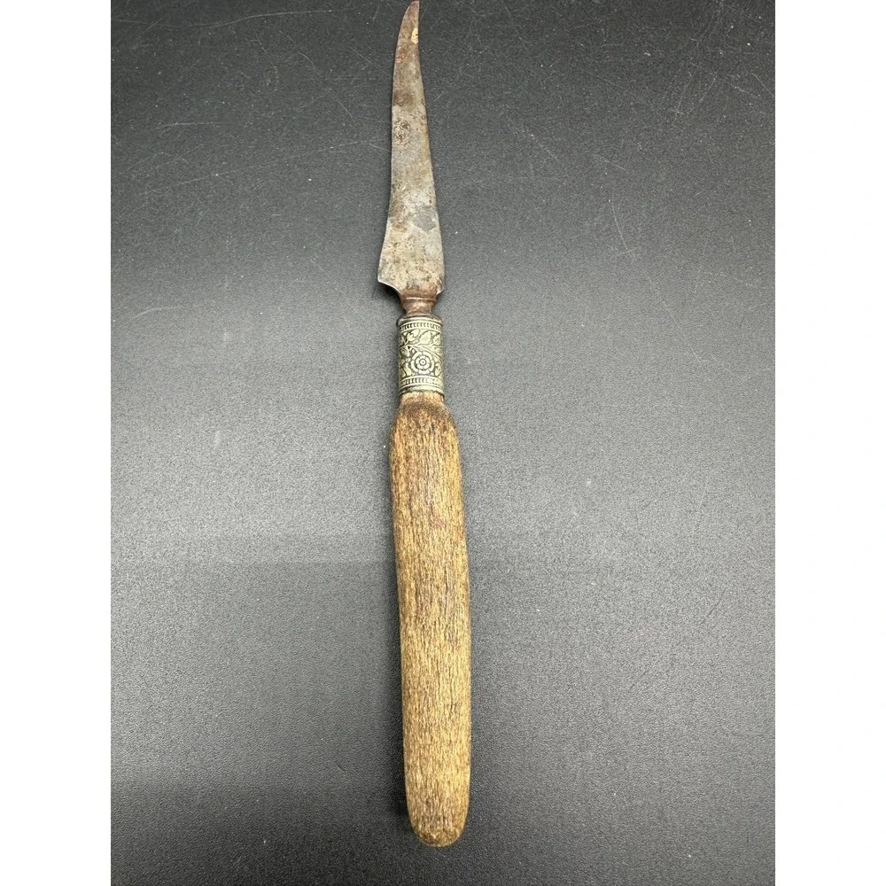 Vintage Wood Handle Metal‎ Letter Opener Etched Collar Rustic Desk Accessory